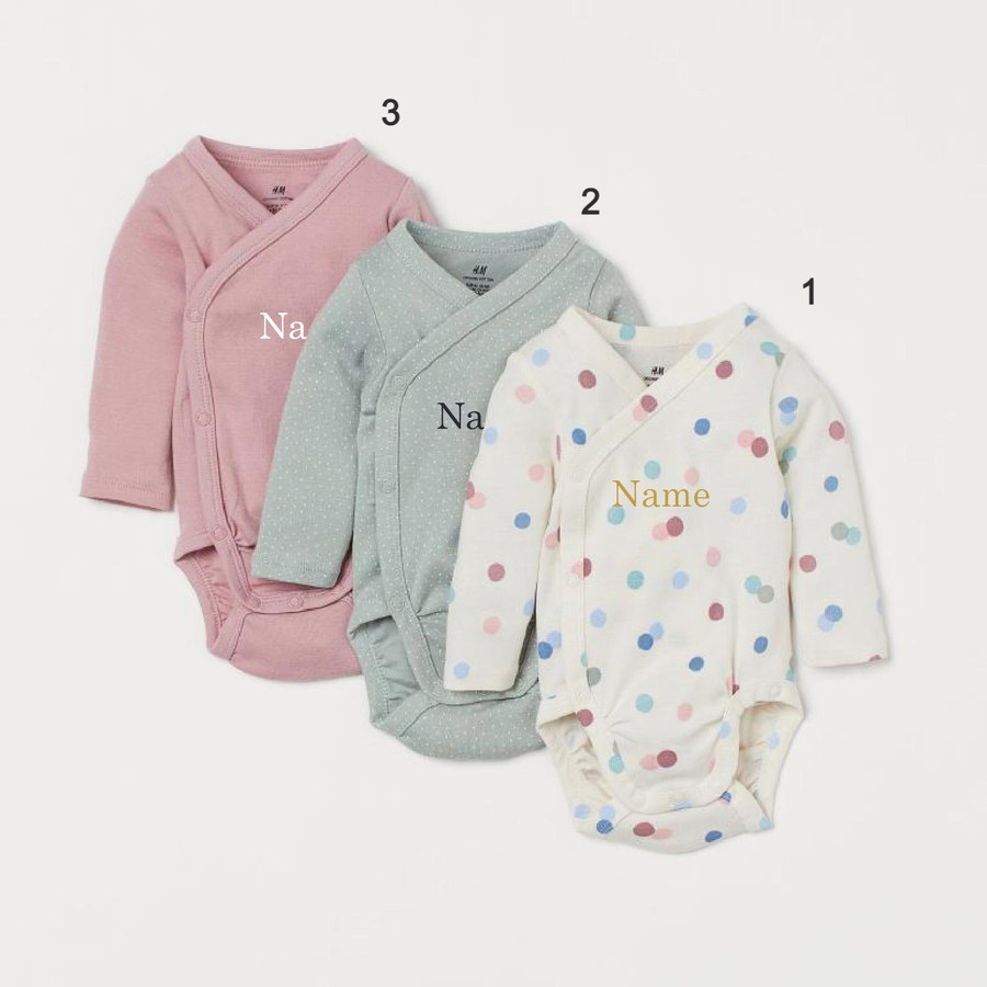 Custom Name on H&amp;M 3-pack long-sleeved bodysuits (0-9mths) - Dusky Green/Spotted