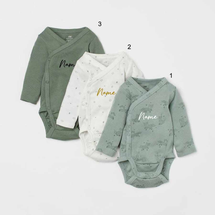 Custom Name on H&amp;M 3-pack long-sleeved bodysuits (0-9mths) - Light Green/Foxes