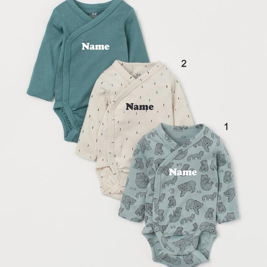 Custom Name on H&amp;M 3-pack long-sleeved bodysuits (0-9mths) - Mint Green/Bears