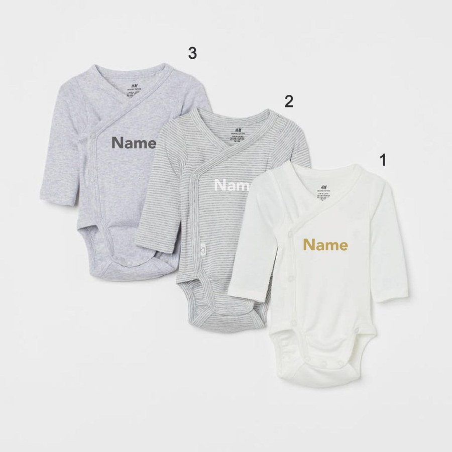 Custom Name on H&amp;M 3-pack long-sleeved bodysuits (0-9mths) - White Grey/Striped