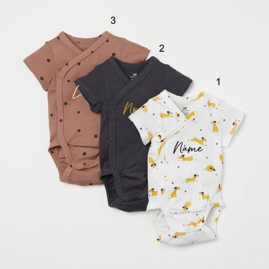 Custom Name on H&amp;M 3-pack wrapover bodysuits -Dark beigepink/Dogs